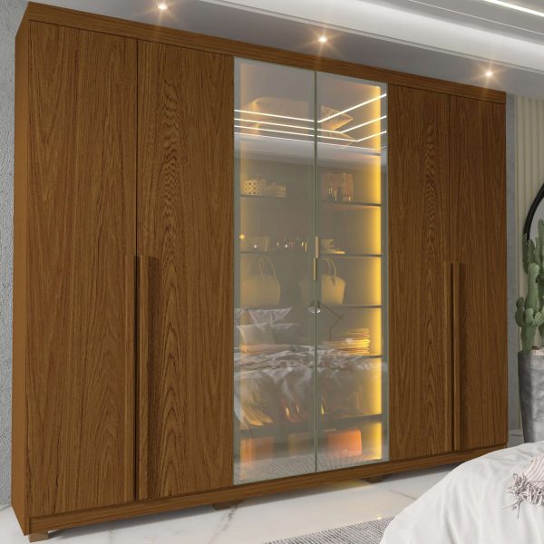 Guarda Roupa 6 Portas Imperatriz com Porta Reflecta e Led cor Castanho - Gelius