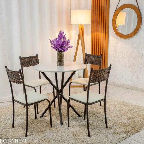 Mesa Atlanta Base Ipanema Marrom Tampo Redondo Pedra Off 75x75 4 Cadeiras Assento Creme - Teixeira -ALISHA