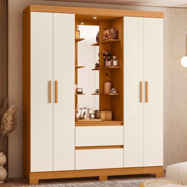 Guarda roupa 4 portas com 2 gavetas Olimpia Albatroz Cinamomo com Off white