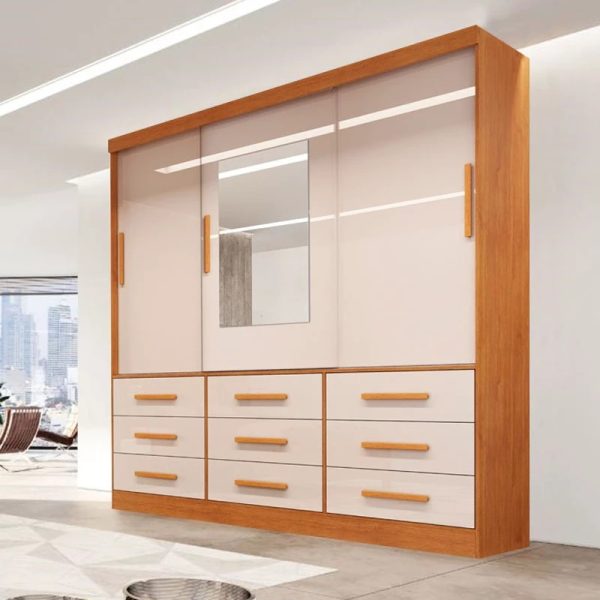 Guarda-Roupa Casal Athenas C/Espelho 3 Portas 9 Gavetas Nature/Off White Bianchi- #RJ
