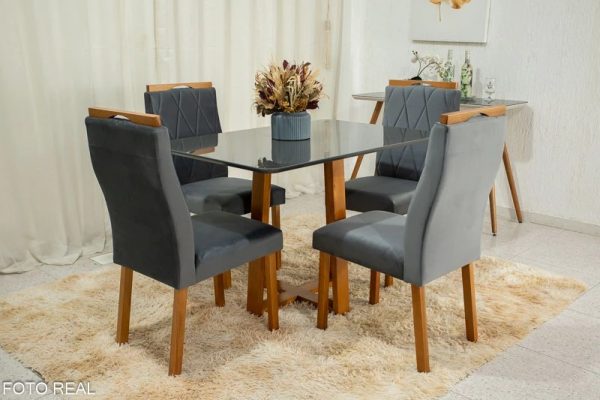 Mesa de Jantar Pedro Mel Vidro Grafite 120×80 com 4 Cadeiras Lisboa Veludo Cinza 507 Madeira - #RJ
