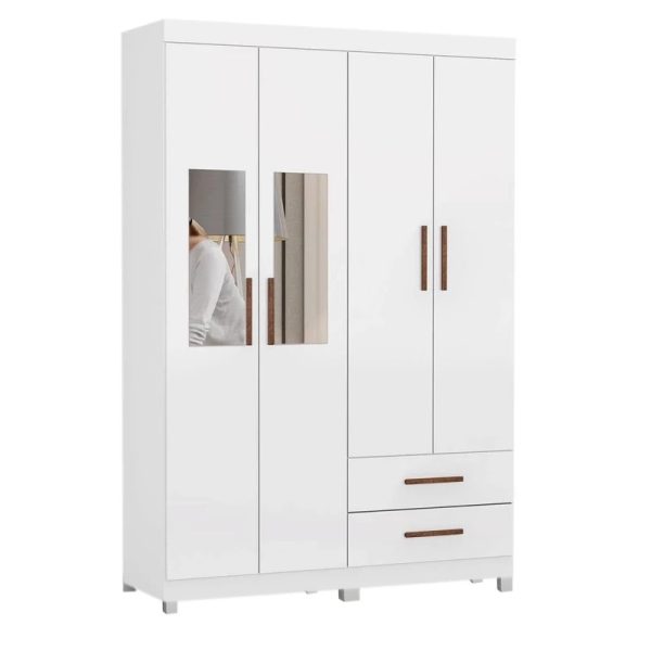 Guarda roupa Solteiro Hercules 04 Portas 02 Gavetas C/Espelho e Pés Larg. 1.18m -Branco #RJ