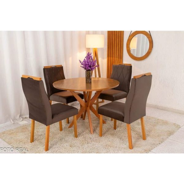 Mesa de Jantar Simpatia Tampo Redondo 108×108 Cinamomo 4 Cad. Lisboa Veludo Marrom 509 Madeira Maciça #edelis