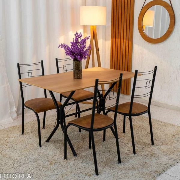 Mesa Paraty Base Cabo Frio Preto Tampo Madeirado 120×75 4 Cadeiras Paraty Assento Marrom #edelis