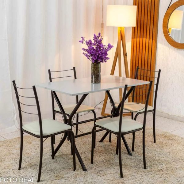 Mesa Rio Base Cabo Frio Marrom Tampo Pedra Off 100x60 4 Cadeiras Assento Creme - Teixeira #rf