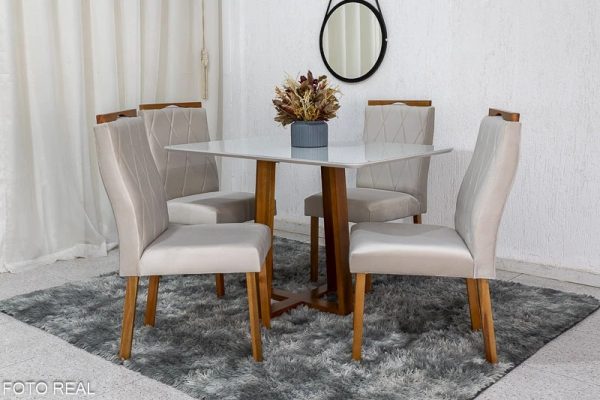 Mesa de Jantar Pedro Mel Vidro Off 120×80 4 Cadeiras Lisboa Veludo Bege 512 Madeira Maciça Art Assento #edelis
