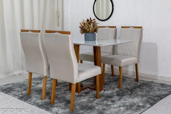 Alternative view of Mesa de Jantar Pedro Mel Vidro Off 120×80 4 Cadeiras Lisboa Veludo Bege 512 Madeira Maciça Art Assento #edelis