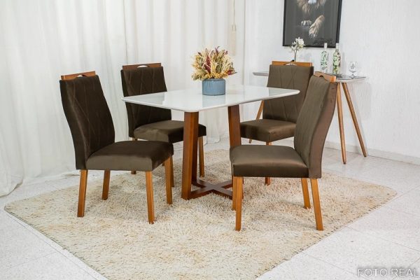 Mesa de Jantar Pedro Mel Vidro Off 120×80 4 Cadeiras Lisboa Veludo Marrom 509 Madeira Maciça Art Assento #edelis