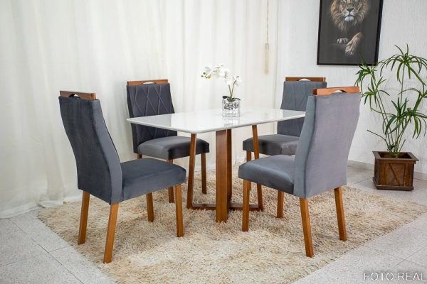 Mesa de Jantar Pedro Mel Vidro Off 120×80 4 Cadeiras Lisboa Veludo Cinza 507 Madeira Maciça Art Assento #edelis