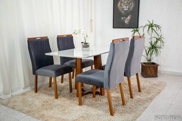 Alternative view of Mesa de Jantar Pedro Mel Vidro Off 120×80 4 Cadeiras Lisboa Veludo Cinza 507 Madeira Maciça Art Assento #edelis