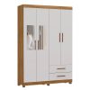 Roupeiro Solteiro Hercules 04 Portas 02 Gavetas C/Espelho e Pés Larg. 1.18m - Cinamomo com Off white #edelis