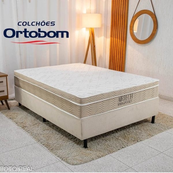 Box Casal Sued Bege Nosso Sonho + Colchão Casal Airtech Springpocket 138x188x62 Molas Ensacadas - Ortobom #edelis