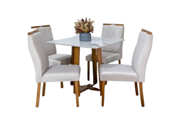 Mesa de Jantar Pedro Mel Vidro Off 90×90 4 Cadeiras Lisboa Veludo Bege 512 Madeira Maciça #edelis