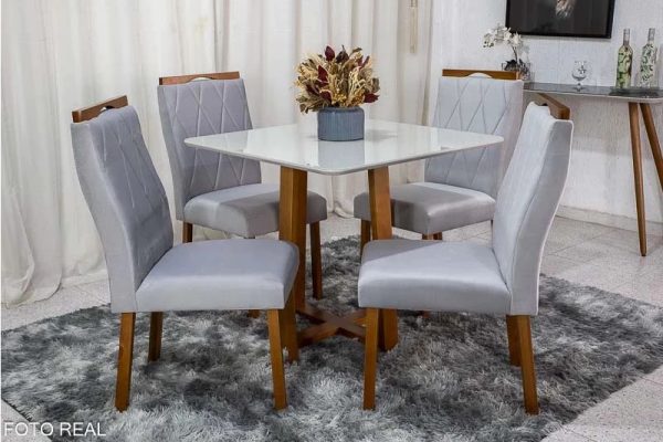 Mesa de Jantar Pedro Mel Vidro Off 90×90 4 Cadeiras Lisboa Veludo Prata 514 Madeira Maciça  #edelis