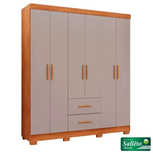 Roupeiro Solteiro Estrela 6 Portas 2 Gavetas C/ Pés Cinamomo com Off White - Sallêto #rf