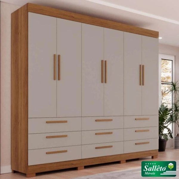 Guarda roupa 6 Portas e 9 Gavetas C/pés Dinamarca Cinamomo com Off White #rf