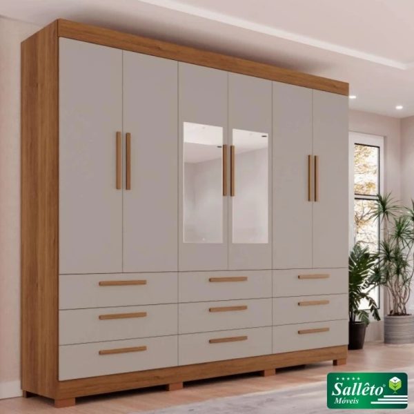 Guarda roupa 6 Portas e 9 Gavetas C/pés com Espelho Dinamarca Plus Cinamomo com Off White #rf