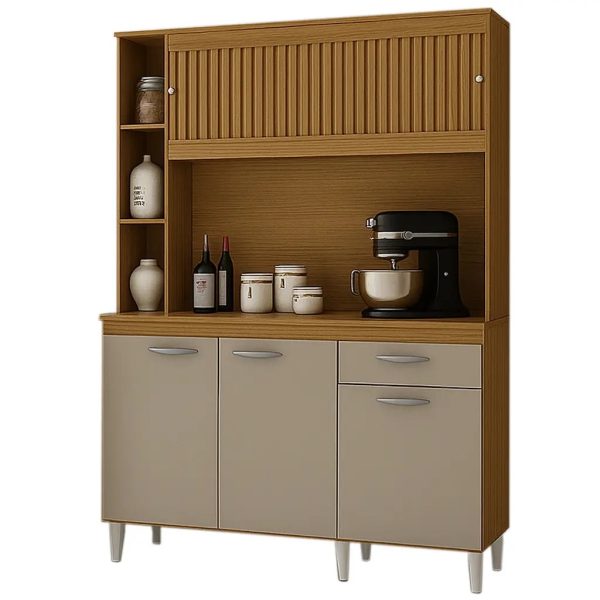 Armário de Cozinha 5 Portas 1 Gaveta Duda 140cm Damasco com Off white 3D Ripado Poquema