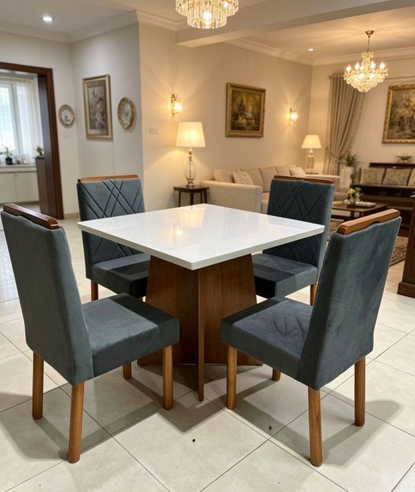 Mesa 90 x 90 Alice com 4 Cadeiras Olga Cinamomo com Off white Tecido Veludo Cinza