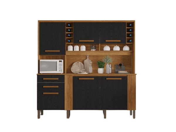 Armário Cozinha Catar 6 Portas 2 Gavetas Larg. 2.00m Cinamomo com Preto- Sallêto #edelis