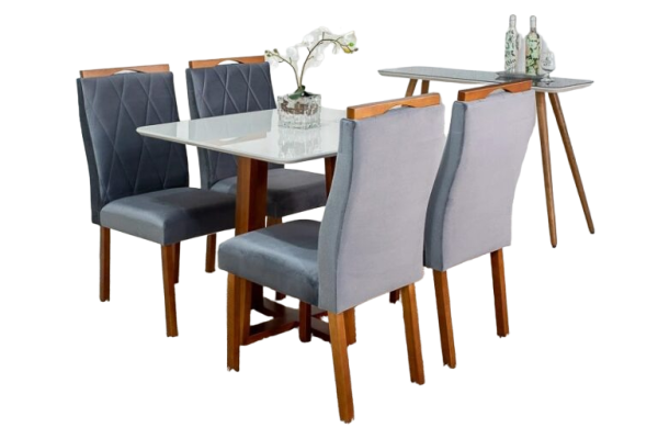 Mesa de Jantar Pedro Mel Vidro Off 90×90 4 Cadeiras Lisboa Veludo Cinza 507 Madeira Maciça #edelis
