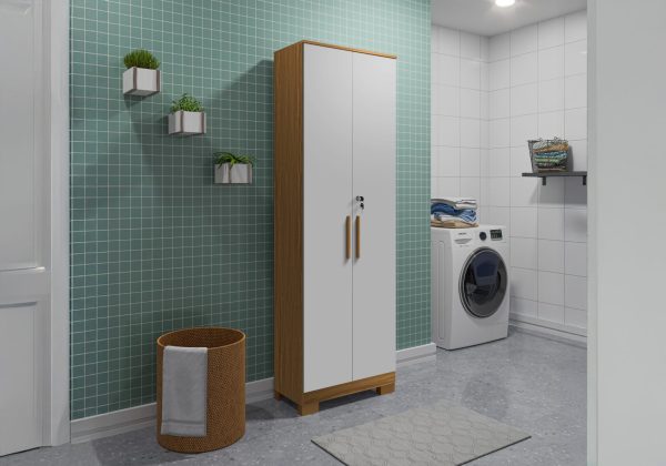 Armário Multiuso 2 Portas com Chave Bordo Ronipa - Amendoa com Branco