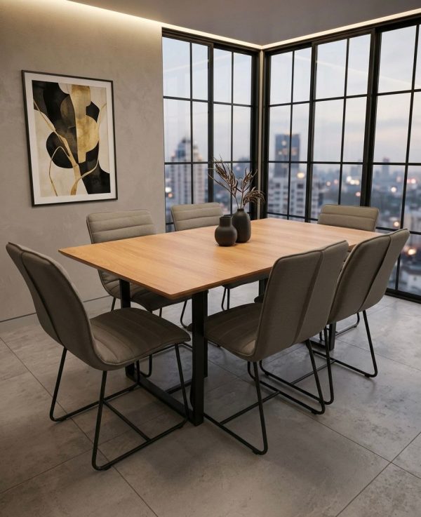 Mesa 1.60 x 90cm Tampo Madeira Proa Luna com 6 Cadeiras Linho Marrom