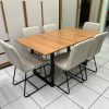 Mesa 1.60 x 90cm Tampo Madeira Proa Luna com 6 Cadeiras Linho Bege