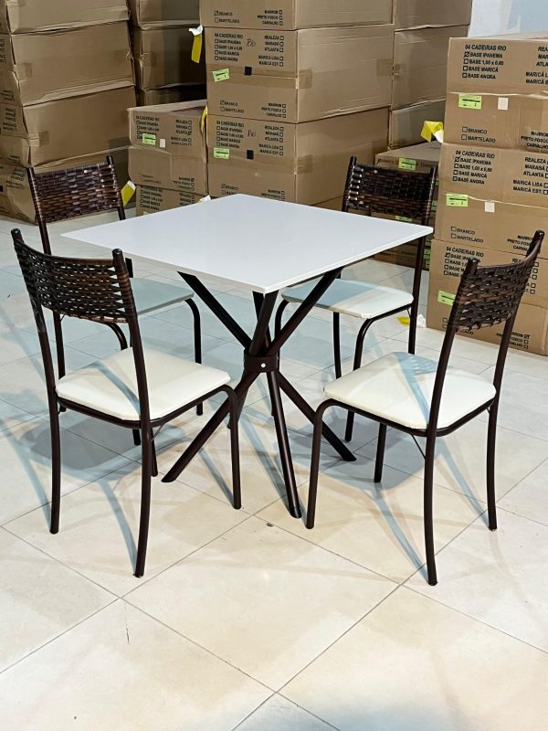 Mesa Atlanta Base Ipanema Marrom Tampo Quadrada Pedra Off 75x75 4 Cadeiras Assento Creme - Teixeira -