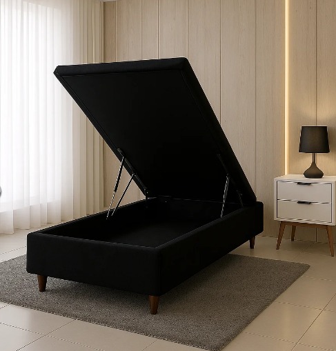 Base Solteiro Baú Carioca Blindada Suede Preto - Bioflex