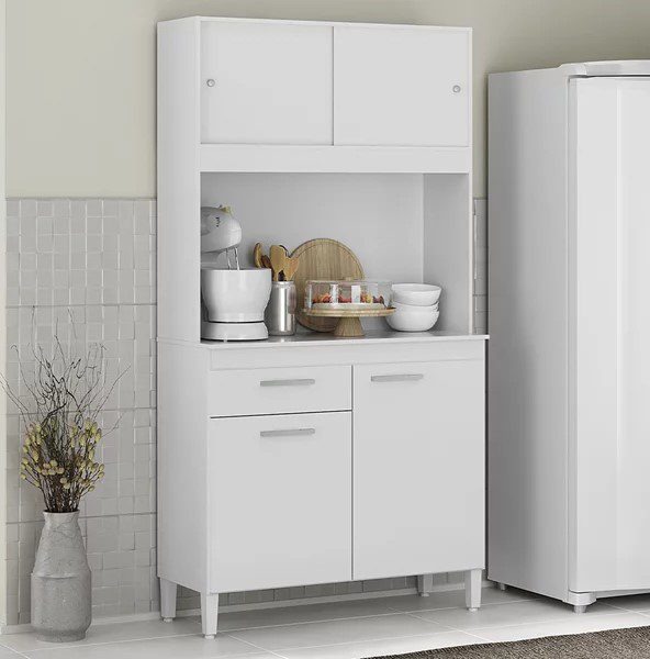 Armário Cozinha Kit 4 Portas e 1 Gaveta Ceara Atualle Branco Brilho