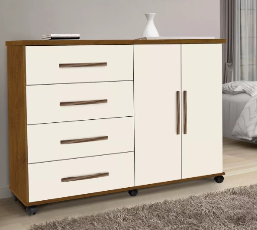 Comoda 4 Gavetas e 2 portas Bali Mel com Perola Luxo - PRIMUS