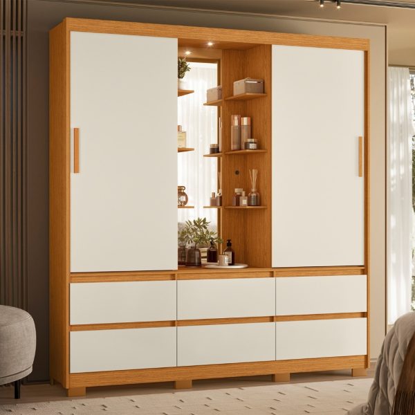 Guarda-Roupa  2 Portas de correr com 6 Gavetas Atena Cinamomo com Off white - Albatroz